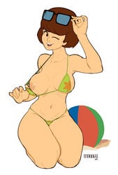 beach_ball big_breasts bikini bikini_pull breasts glasses glasses_on_head hanna-barbera looking_at_viewer mboogy nipples on_knees one_eye_closed scooby-doo signature text velma_dinkley white_background