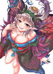 bare_legs big_breasts cleavage collarbone confetti fairy fire_emblem fire_emblem_heroes japanese_clothes kimono large_breasts long_hair looking_at_viewer new_year nintendo nipple_bulge open_mouth open_smile petals plumeria_(fire_emblem) plumeria_(new_year)_(fire_emblem) pointy_ears ponytail red_eyes silver_hair smile violet_migu18 white_background wings