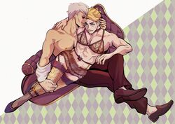 2boys abs ankle_garter black_panties blonde_hair bra bulge choker collars crossdressing crossed_legs femboy garter garter_belt gay high_heels jojo's_bizarre_adventure lingerie looking_at_another looking_at_partner looking_up lounging male_only miniskirt muscular muscular_male panties pantyhose partially_clothed pecs prosciutto risotto_nero see-through_clothing see-through_skirt see-through_stockings sitting_on_lap skimpy skin_tone_difference smile smirk thighhighs toned toned_male topless transparent_clothing vento_aureo waist_garter white_hair yaoi