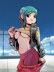 blue_hair flashing flashing_breasts leather_jacket midriff pinup ramona_flowers robotori scott_pilgrim shirt_lift shirt_lifted_by_self tagme