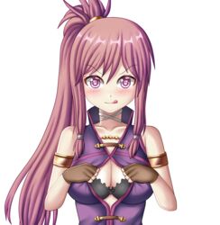 1girls bare_arms big_breasts black_bra blush bra cleavage collarbone commission confident fingerless_gloves fire_emblem fire_emblem:_the_sacred_stones gloves licking_lips long_hair looking_at_viewer marisa_(fire_emblem) medium_breasts nintendo open_clothes open_shirt pink_eyes pink_hair ponytail solo solo_female tongue tongue_out undressing valdius