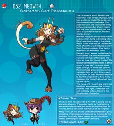 brown_hair cat_ears cat_tail catgirl clothing creature_index english_text feline highres jewelry kinkymation long_hair meowth nintendo page_52 page_number pawpads pokémon_(species) pokemon pokemon-girl_encyclopedia pokemorph pokemusu profile slit_pupils text text_box