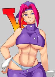 abs backwards_baseball_cap cuffs_(clothing) female_focus female_only fighters'_impact hips large_breasts mia pink_hair pocushorus purple_eyes sagging_pants shoulders smug solo tagme tight_clothing underboob vs.