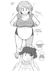 1boy 1girls big_belly dr-worm female floating huge_belly izuku_midoriya large_breasts lewdlemage monochrome my_hero_academia ochako_uraraka plain_background pregnant ready_to_pop simple_background speech_bubble text white_background