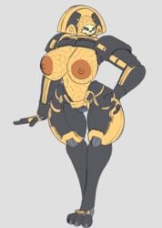 big_breasts black_body bonewidow breasts brown_nipples female fours_(artist) genitals hand_on_hip hi_res huge_breasts humanoid machine necramech nipples pussy robot skull_head solo strutting video_games warframe yellow_body