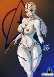 1girls 2016 alien areolae artist_logo big_breasts breasts collarbone durane59 female female_only humanoid jaylah looking_at_viewer navel nipple_piercing nipples nude ponytail solo solo_female star_trek star_trek_beyond starfleet_insignia unknown_species voluptuous vulva white_hair wide_hips yellow_eyes