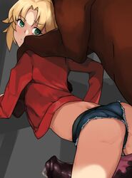 1boy 1girls absurdres erection fate_(series) female from_behind highres horse horsecock huge_cock male mordred_(fate) penis thigh_sex todding zoophilia