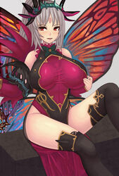 1girls bare_thighs big_breasts bodystocking fairy fire_emblem fire_emblem_heroes large_breasts long_hair looking_at_viewer nintendo open_mouth open_smile pelvic_curtain plumeria_(fire_emblem) ponytail red_eyes roaamuje silver_hair smile solo solo_female thighhighs wings