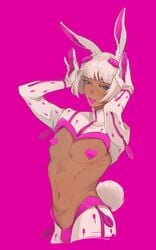 1boy blue_eyes bruno_buccellati bunny_boy bunny_ears bunny_tail dark-skinned_femboy dark-skinned_male dark_skin femboy heart_pasties hybrid jojo's_bizarre_adventure latiao_dd looking_at_viewer male_only nipple_pasties open_mouth open_smile partially_clothed pasties skimpy sleeve_gloves smile solo_male tan toned toned_male trap vento_aureo white_hair