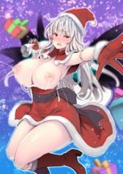 albino alternate_costume christmas christmas_outfit doll doll_joints gift_box hat lactation lactation long_hair looking_at_viewer milk open_mouth red_eyes rozen_maiden silver_hair suigintou tagme topless topless_female tousen wings