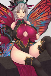 1girls bare_thighs big_breasts bodystocking cutout fairy fire_emblem fire_emblem_heroes large_breasts long_hair looking_at_viewer nintendo open_mouth open_smile pelvic_curtain plumeria_(fire_emblem) ponytail red_eyes roaamuje silver_hair smile solo solo_female thighhighs torn_clothes wings