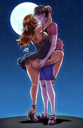 1boy 1girls arms_around_head ass brown_eyes brown_hair bubble_ass bubble_butt butt_grab crossover curvy_female darkereve earrings feet female full_moon glasses grabbing_ass high_heels holding_each_other holding_leg jagua_tales joana_dolores keitaro_urashima leg_around_waist light-skinned_male love love_hina male mesiasart mole mole_on_ass moon night night_sky no_socks outdoors romantic short_dress sky standing starry_sky tan-skinned_female toes urashima_keitarou wholesome