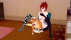 1dog 1girls 3d ambiguous_knotting ambiguous_penetration canid canine canine_on_human cat_ears cum cum_in_pussy cum_inside dog domestic_dog female female_human feral hetero human knot knotted knotting looking_at_phone lux male male/female male_canine phone recording red_hair shiba_inu thighhighs zoophilia