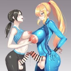 2futas areolae ass_size_difference balls big_balls big_breasts big_nipples big_penis black_hair blonde_hair blush bodysuit breast_size_difference breasts censored duo easy_access excessive_scrotal_skin functionally_nude futa_only futanari hand_on_hip humanoid large_penis long_hair metroid negi_futa negidesu nintendo nipples pale_skin penis penis_size_difference penises_touching precum samus_aran shirt shirt_lift super_smash_bros. super_smash_bros._for_nintendo_3ds_and_wii_u super_smash_bros._ultimate sweat takuya_t testicles_clench touching_nipples wii_fit wii_fit_trainer zero_suit_samus