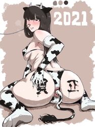 2021 absurdres anal_fluid anal_tail animal_ears animal_print anus ass back bangs bikini black_eyes black_hair blush body_writing breasts cow_ears cow_print elbow_gloves fake_tail female girls_und_panzer gloves gomabura highres long_hair nishizumi_shiho nose_piercing nose_ring piercing sitting solo swimsuit tail thighhighs wariza year_of_the_ox