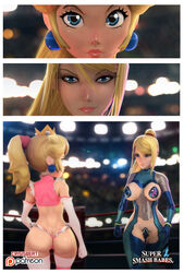 2girls 3d abs adapted_costume artist_name ass asymmetrical_clothes bare_shoulders beauty_mark belly blonde_hair blue_eyes bodysuit breast_cutout breast_outside breastless_clothes breasts character_name clothing comic covered_breasts covered_nipples crisisbeat crossover crown earrings elbow_gloves energy erect_nipples eye_contact female female_only functionally_nude garter_straps gauntlets gloves glowing gradient_background hips human jewelry large_breasts legs legwear leotard lingerie long_hair looking_at_each_other looking_at_viewer mario_(series) metroid multiple_girls muscle mushroom navel nintendo nipple nipple_bulge nipples one_pasty open_mouth parted_lips pasties patreon ponytail princess princess_peach pussy revealing_clothes samus_aran see-through standing stockings strap straps super_smash_bros. teeth text thighhighs thighs tied_hair toned uncensored underwear vs watermark zero_suit zero_suit_samus