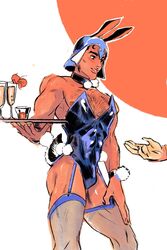 1boy abs arm_hair bara big_pecs body_hair bodysuit bulge bunny_boy bunny_ears bunny_tail bunnysuit chest_hair choker collar crossdressing garter_belt gay guido_mista hairy holding_tray jojo's_bizarre_adventure leotard male male_only manly_crossdresser muscular muscular_male nipple_slip playboy_bunny server smile solo solo_male thick_ass thighhighs toned toned_male vento_aureo waiter yaoi