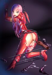 anal armor armour ball_gag bleeding blood blue_eyes bondage chained chains crying darling_in_the_franxx high_heels karbon locked_up object_in_pussy object_insertion pink_hair pussy_juice rape red_clothing torn_clothes torn_clothing zero_two_(darling_in_the_franxx)