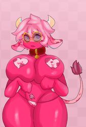 2021 anthro big_breasts bikini bovine countryhumans countryhumans_girl cow_ears cow_horns cow_pasties cow_tail cowbell glasses heart_pasties looking_at_viewer nipple_pasties pasties pink_hair poland_(countryhumans) polish_flag red_skin sadcloudy topless year_of_the_ox