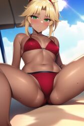 1girls ai_generated beach bikini blonde_hair blush breasts embarrassed fate/apocrypha fate/grand_order fate_(series) female green_eyes medium_hair mordred_(fate) mordred_(swimsuit_rider) nai_diffusion navel outdoor outdoors ponytail red_bikini small_breasts stable_diffusion tan tan-skinned_female tanned_skin