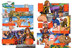 ass_cleavage beach beach_ball beach_resort bikini blue_hair butt_crack butt_grab comic darkereve dialogue disc_jockey g-string grabbing_ass grabbing_from_behind jacket_open jagua_tales jagua_tales_(comic) joana_dolores kicked_in_the_face kicking latina maya_diva monica_del_rio narration pink_hair resort stripper_pole thin_bikini