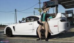 absurd_res anthro balls bent_knees big_balls big_ears big_penis black_penis black_sclera bodily_fluids botter botter_dork bottomless brown_body brown_fur brown_hair car chiropteran clothed clothing detailed_background dialogue erection fangs footwear fur gas_station genital_fluids genitals grand_theft_auto grand_theft_auto_v hair hi_res hoodie humanoid_genitalia humanoid_penis hybrid jacket looking_at_viewer lutrine male male_only mammal multicolored_body mustelid outside penis precum relaxing rio_(botter_dork) rockstar_games screencap shoes smile solo talking_to_viewer text topwear toyota toyota_supra vehicle video_games