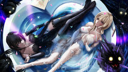 2girls artist_name asteltainn bathing black_armwear black_hair black_legwear black_stockings blonde_hair blue_eyes blush blushing blushing_at_viewer boobs bow bow_legwear breasts closed_mouth detailed_background disney eyebrows eyelashes female female_focus female_only fishnet_legwear fishnet_stockings fishnets fit fit_female frown garter_belt garter_straps garters heartless hot_tub keyblade kingdom_hearts legwear looking_at_viewer medium_breasts multiple_girls namine navel panties shiny shiny_hair shiny_skin short_hair square_enix stockings water wet white_armwear white_legwear xion