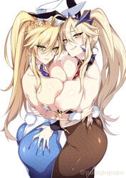 2girls :p areolae artoria_pendragon artoria_pendragon_(lancer) artoria_pendragon_(lancer_alter) artoria_pendragon_(swimsuit_ruler) ass blonde_hair blue_pantyhose blush boobs_bang breast_press breast_to_breast breasts breasts_out bunny_ears bunny_tail bunnysuit detached_collar fate/grand_order fate_(series) fishnet_pantyhose green_eyes highres hugging licking_lips long_hair looking_at_viewer multiple_girls neckband necktie nipples pantyhose ponytail punopupupu selfcest side_view smiling thick_thighs white_background wrist_cuffs yellow_eyes zeroshiki_kouichi