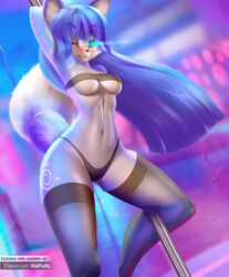 2020 anamorphic_lens_flare anthro bandeau blue_body blue_eyes blue_fur blurred_background blush breasts canid canine clothed clothing dancing detailed_background dutch_angle english_text eyebrow_through_hair eyebrows female fluffy fluffy_tail fox front_view fur furry hair hand_behind_back hand_behind_head hi_res holding_fixture inner_ear_fluff krystal legwear lingerie long_hair looking_at_viewer mammal navel neon nintendo nipple_outline one_eye_closed panties pole pole_dancing restricted_palette skimpy small_waist solo star_fox straight_hair stripper_pole text thigh_highs topwear translucent translucent_hair tuft under_boob underwear v-tal video_games wide_hips wink