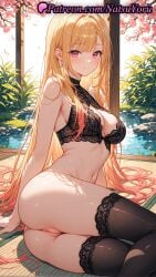 1girls 2025 ai_generated ass bangs bare_arms bare_shoulders black_bra black_thighhighs blonde_hair blush bottomless bra breasts cleavage closed_mouth colored_tips earrings female hi_res highres jewelry kitagawa_marin lace-trimmed_bra lace_trim long_hair looking_at_viewer medium_breasts natsuyoru navel oshiri patreon pussy red_eyes smile solo sono_bisque_doll_wa_koi_wo_suru stomach thighhighs thighs uncensored underwear vagina very_long_hair voluptuous voluptuous_female