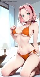 adjusting_clothes ai_generated bedroom bikini curtains day female green_eyes hairband indoors kneeling lace_bikini medium_hair mugenshi naruto naruto_(series) naruto_shippuden on_bed orange_swimsuit patreon_username pink_hair reward_available sakura_haruno self_upload smile solo swimsuit two-piece_swimsuit