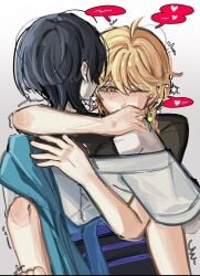 2boys aether_(genshin_impact) anal blonde_hair blue blush blush dominant domination gay genshin_impact hair insertion male scaramouche_(genshin_impact) sex shy teasing wanderer_(genshin_impact)