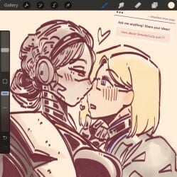 before_kissing bitepilled blonde_female blonde_hair blue_eyes blush blush dominant dominant_female female female_only gray_hair heart_symbol lucy_(reverse:1999) metallic_body pale-skinned_female pale_skin reverse:1999 robot robot_girl shy simone_(reverse:1999) teasing yellow_eyes yuri