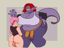 animal_humanoid assertive_female assertive_humanoid balls big_balls big_breasts breasts cleavage clothed clothing cyclops duo eye_contact female genitals grey_outline hair half-closed_eyes hangedc hi_res huge_breasts human humanoid larger_female larger_humanoid lizard_humanoid looking_at_another male male/female mammal monster narrowed_eyes navel orange_eyes outline overweight overweight_female pantsless pink_hair purple_body reptile reptile_humanoid scalie scalie_humanoid sharp_teeth size_difference tail teeth thick_thighs wide_hips