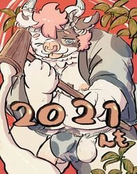 2021 absurd_res anthro asian_clothing balls bovid bovine bulge buta5kawa cattle chinese_new_year chinese_zodiac clothing east_asian_clothing fundoshi genitals happi_(clothing) hi_res holidays humanoid_hands japanese_clothing kemono male mammal moobs new_year nipples overweight overweight_anthro overweight_male penis solo underwear wardrobe_malfunction year_of_the_ox