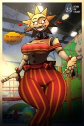 2025 2d 2d_(artwork) 2d_artwork animatronic animatronic_female artist_logo artist_name beanontoast big_breasts breasts daycare_attendant_(fnaf) female five_nights_at_freddy's five_nights_at_freddy's:_security_breach genderswap_(mtf) robot robot_girl robot_joints rule_63 solo sun sundrop thick_thighs