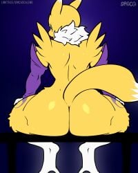 absurd_res ambiguous_gender anthro bandai_namco black_sclera blue_eyes canid canine digimon digimon_(species) digital_media_(artwork) fox fur hi_res looking_at_viewer mammal open_mouth renamon simple_background spaca tail text white_body white_fur yellow_body yellow_fur