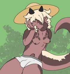 amphibian anthro balls black_horn blonde_hair bottomwear breasts bulge closed_eyes clothing erection erection_under_clothing foreskin futa_anthro futanari genitals hair hat headgear headwear hi_res horn humanoid_genitalia humanoid_penis intersex intersex_anthro marrowkopticon nipples non-mammal_breasts non-mammal_hair non-mammal_nipples partially_retracted_foreskin penis retracted_foreskin salamander short_hair smile solo sun_hat tail trans_(lore) trans_woman_(lore) uncircumcised underwear white_clothing white_underwear wide_brim_hat
