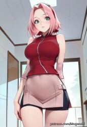 ai_generated cowboy_shot day female green_eyes hairband indoors looking_to_the_side medium_hair mugenshi naruto naruto_(series) naruto_shippuden parted_lips patreon_username pink_hair pink_skirt red_topwear reward_available sakura_haruno self_upload shorts_under_skirt side_slit skirt sleeveless solo zipper zipper_pull_tab