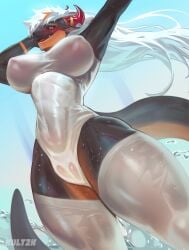 absurd_res anthro big_breasts black_body breasts camel_toe clothing dragon fangs female genital_outline hair hi_res horn kult2k legwear long_hair long_tail mythological_creature mythological_scalie mythology scalie sharp_teeth solo swimsuit_only tail teeth thigh_highs tight_clothing vulva_outline water wet wet_body white_hair