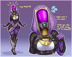 1girls alien bioware bodysuit breasts cleavage cleavage_cutout dialogue english_text helmet kaibagal mass_effect medium_breasts nipple_bulge nipples quarian tali'zorah_nar_rayya text