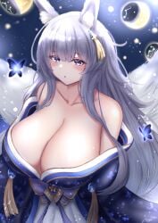 1female 1girls azur_lane bare_shoulders big_breasts blue_eyes blush breasts breasts_bigger_than_head cleavage clothed clothing collarbone dress eyebrows eyebrows_visible_through_hair female female_focus female_only fox_ears fox_girl fox_tail huge_breasts kimono large_breasts long_hair open_mouth shinano_(azur_lane) silver_hair solo solo_female solo_focus zetsuhei_no_roran