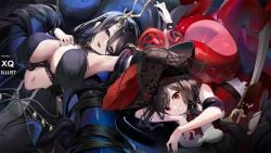 2girls arm_up armpits azur_lane bare_shoulders black_dress black_hair blue_eyes breasts cg chains cleavage dress golden_hind_(azur_lane) hair_between_eyes hand_on_own_chest hat horns large_breasts long_hair looking_at_viewer lying mole multiple_girls navel official_art on_stomach open_mouth pantyhose pirate_hat red_eyes royal_fortune_(azur_lane) sleeveless smile teeth tentacle torn_clothes very_long_hair