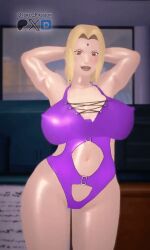 1girls 3d animated animated_gif arms_behind_head blonde_hair brown_eyes curvaceous dancing female forehead_mark gif huge3d light-skinned_female light_skin looking_at_viewer mature_female milf naruto one-piece_swimsuit otokopassion plump scratch-key shorter_than_10_seconds swimsuit tagme tsunade vertical_video voluptuous wide_hips