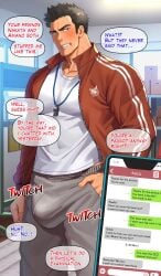 1boy 2boys blackmail blush embarrassed english english_text first_person_view imminent_penetration imminent_sex izukonohito looking_at_viewer male out_of_frame p.e._teacher pov pov_eye_contact school smartphone sports_uniform sportswear talking teacher text