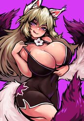 1girls 2021 :d big_breasts blonde_hair blush breasts cat_ears cleavage cleavage_cutout cleavage_overflow clothing color commission flower kitsune lemudesu long_hair looking_at_viewer multicolored_fur navel original_character pinup purple_background purple_eyes purple_fur shiny_breasts shiny_skin simple_background sliucha_sindosa solo solo_female solo_focus tagme thick thick_thighs tongue tongue_out white_fur