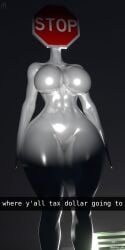 3d 3d_(artwork) 3d_render breasts down_view female flashlight masteryorg0 metallic_body night object_head pussy sign sign_head solo solo_female stop_sign thick_thighs