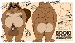 2021 absurd_res anthro ass balls belly big_balls big_butt booki_(character) brown_body brown_fur canid canine cute_fangs el_booki english_text fur genitals hi_res male mammal model_sheet moobs nipples overweight overweight_anthro overweight_male penis raccoon_dog simple_background solo tanuki text