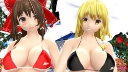 2022 2girls 3d bikini bikini_top black_bikini_top blonde_hair_female blush bowtie brown_eyes_female brown_hair_female clouds cloudy_sky duo_female duo_focus female flowers garden hat hati_yukkuri_mmd headwear human jpeg light-skinned_female long_hair_female looking_at_viewer marisa_kirisame mmd open_mouth outdoors rainbow red_bikini_top red_ribbon reimu_hakurei ribbon rose_(flower) short_hair_female sky smiling_at_viewer swimsuit touhou white_bowtie witch_hat yellow_eyes_female