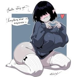 1girls adventure_time baggy_shirt bangs big_breasts bighugelarge1 black_hair blush bowtie breasts eyes_covered finger_heart heart heart_symbol high_socks huge_ass kneehighs kneeling long_bangs marceline marceline_abadeer smirk smirking socks text thick thick_ass thick_thighs vampire vampire_girl